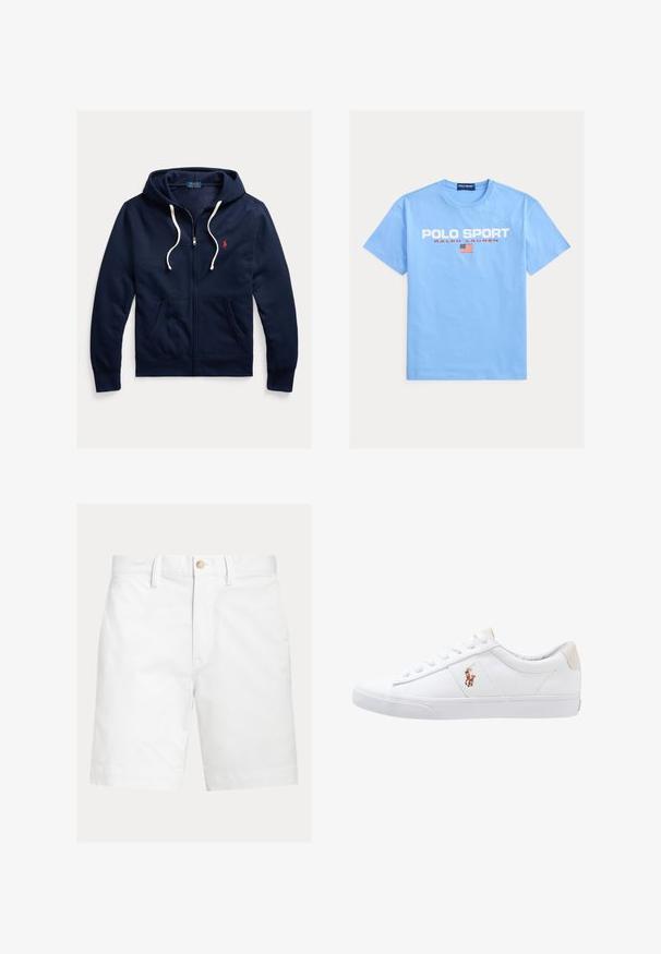 Marineblaue Kapuzenjacke mit Reißverschluss, weißen Kordeln, Fronttaschen und kleinem roten Polo Ralph Lauren-Logo auf der linken Brust.; Hellblaues Baumwoll-T-Shirt mit kurzen Ärmeln, Rundhalsausschnitt und einem weißen und roten Grafiklogo "POLO SPORT" sowie Flaggen-Detail auf der Brust.; Weiße kniehohe Shorts mit Gürtelschlaufen und braunem Knopfverschluss an der Taille, auf schlichtem Hintergrund dargestellt.; Weiße Leinensneaker im Low-Top-Design mit einem beigen Ferseneinsatz und einem kleinen gestickten Logo an der Seite. Gummisohle.