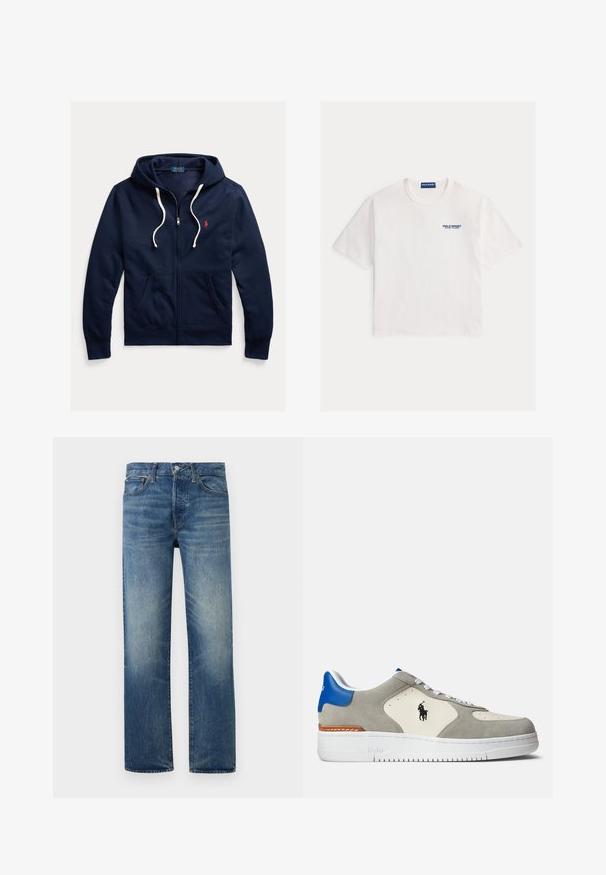 Sudadera con capucha azul marino con cremallera, cordones blancos, bolsillos delanteros y pequeño logo rojo de Polo Ralph Lauren en el pecho izquierdo.; Camiseta de algodón blanca, de manga corta y cuello redondo, con un logotipo azul de "POLO SPORT" impreso en el pecho izquierdo. Corte recto clásico.; Vaqueros azul desgastado de pierna recta con cierre frontal de botón y cremallera, trabillas para cinturón y bolsillos delanteros sobre fondo liso.; Zapatillas de ante gris y cuero blanco con acentos azules, que presentan un logo, cordones blancos y una suela de goma texturizada.
