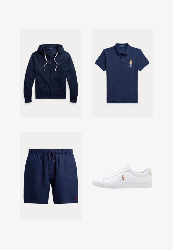 Marineblauwe hoodie met rits, witte trekkoorden, voorzakken en klein rood Polo Ralph Lauren-logo op de linkerborst.; Donkerblauw polohemd van katoen, met een drieknopsbies en een geborduurd berenlogo op de linkerborst. Korte mouwen met een klassieke pasvorm.; Marineblauwe linnen short met elastische tailleband, trekkoord en klein rood logo-accent. Gladde textuur, knielengte ontwerp.; Witte canvas sneakers met een laag ontwerp, featuring een beige hieltab en een klein geborduurd logo aan de zijkant. Rubber zool.