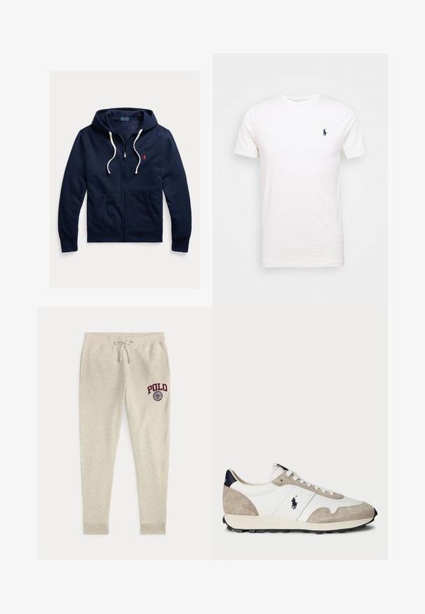 Tmavomodrá mikina s kapucňou na zips s bielymi šnúrkami, prednými vreckami a malým červeným logom Polo Ralph Lauren na ľavej strane hrudníka.; Biela bavlnená tričko s okrúhlym výstrihom. Na ľavej strane hrude je malé tmavomodré logo. Krátke rukávy, hladká textúra.; Béžové tepláky so sťahovacou šnúrkou, bočnými vreckami a červeným logom a emblémom "POLO" na hore ľavej stehnovej časti.; Biele a béžové semišové tenisky s čiernou gumovou podrážkou a logom Polo na boku, zobrazené z vonkajšej strany na bielom pozadí.