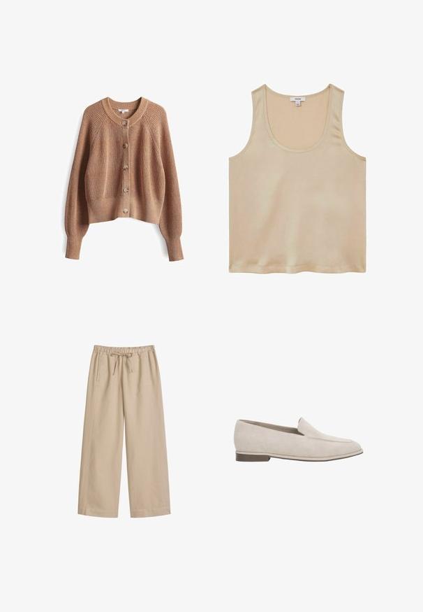 Khaki bruine gebreide cardigan met een ronde hals, knoopsluiting aan de voorkant en ribbelmanchetten. Heeft een textuurpatroon en een ontspannen pasvorm.; Reiss REGULAR FIT - Blouse - neutral; Beige broek met wijde pijpen, elastische tailleband en trekkoord, met zijzakken en een ontspannen pasvorm.; Beige suède instapper loafer met lage hak, puntige neus en minimale stiksel details aan de bovenzijde.