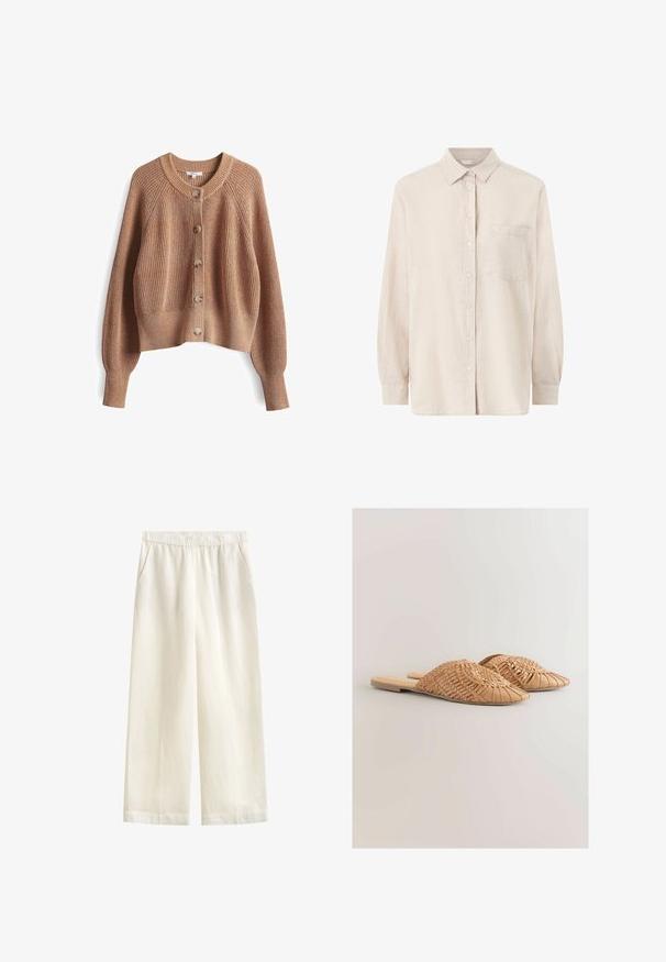 Khaki bruine gebreide cardigan met een ronde hals, knoopsluiting aan de voorkant en ribbelmanchetten. Heeft een textuurpatroon en een ontspannen pasvorm.; Beige overhemd met lange mouwen, knopen, kraag en borstzak, weergegeven op een witte achtergrond.; GANT BLEND PULL ON PANTS - Broek - eggshell; Geweven leren slidesandalen in lichtbruin, met een oversized geweven bovenkant en een platte zool. De spitse neus zorgt voor een strakke uitstraling.