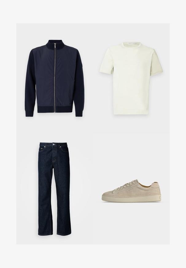 Marinejakke med krave, der står op, med en frontlynlås, strikmanchetter og kontrasterende uldsleeves for ekstra tekstur.; Lys pastelgrøn t-shirt med korte ærmer, rund halsudskæring og en blød tekstur. Har et mærke ved halsen med teksten "Tiger of Sweden."; Mørkeblå denim jeans med lige ben, der har fem-lomme design, knappelukning og orange syninger.; Beige ruskind lavtop sneaker med snørelukning og tyk gummisål, vist fra siden på en ensfarvet hvid baggrund.