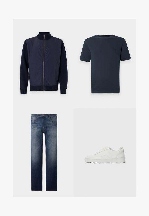 Marineblauwe jas met een staande kraag, voorzien van een rits aan de voorkant, gebreide manchetten en contrasterende wollen mouwen voor extra textuur.; Donkerblauwe katoenen t-shirt met korte mouwen, ronde hals en een klein, gestructureerd logo op de linkerborst. Gladde stofafwerking.; Rechtemodel jeans in donkerblauwe wassing. Voorzien van vijf zakken, ritssluiting en knoopsluiting. Licht vervaagde structuur bij de dij. Denim stof.; Witte leren sneaker met een gladde afwerking, ronde neus, platte veters en een gestructureerde zool. Kenmerkt zich door een subtiel logo op de hiel.