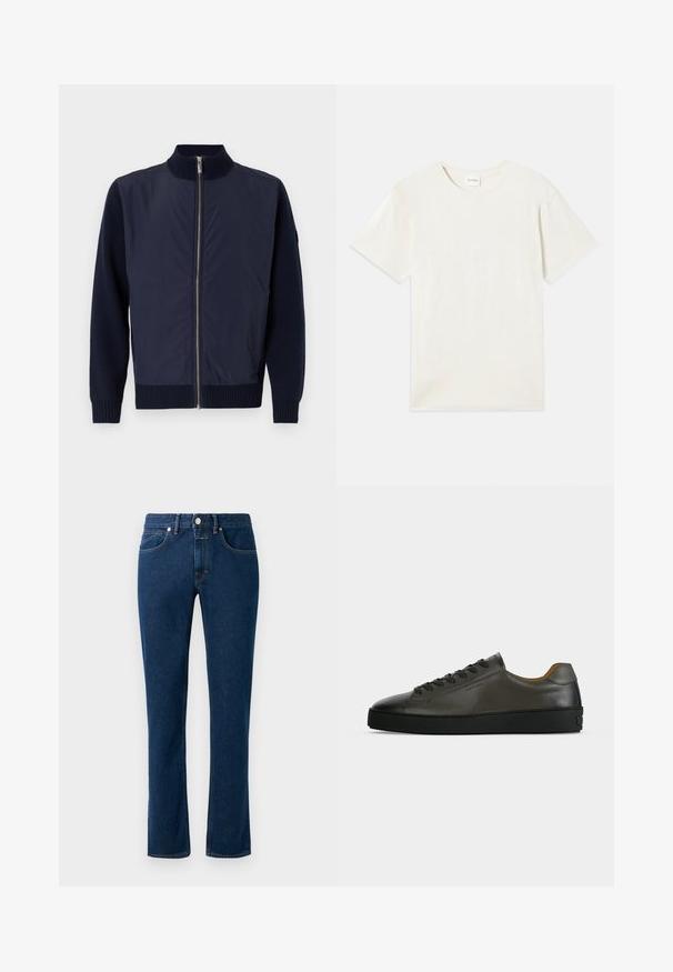 Marinejakke med krave, der står op, med en frontlynlås, strikmanchetter og kontrasterende uldsleeves for ekstra tekstur.; Korte ærmer, crew neck t-shirt i lys beige, blødt bomuldsstof med en afslappet pasform og uden synlige mønstre eller accenter.; Mørkeblå denimjeans med et slankt lige ben design, klassisk fem-lomme stil og en knaplukning i taljen.; Lavtskåret mørkegrå læder sneaker med sorte snørebånd og sål, minimalistisk design, sideprofil på en ensfarvet lys baggrund.