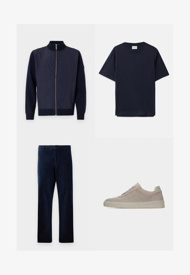 Marineblauwe jas met een staande kraag, voorzien van een rits aan de voorkant, gebreide manchetten en contrasterende wollen mouwen voor extra textuur.; Donkerblauwe katoenen T-shirt met korte mouwen, ronde halslijn en een ontspannen pasvorm. Etiket leest "CLOSED" bij de halslijn. Vette textuur.; Marineblauwe broek van een zachte, gestructureerde stof, met knoopsluiting en rechte pijpen, voorzien van subtiele stikseldetails.; Beige suède sneakers met een gestructureerde afwerking, ronde neus en tonale veters. Voorzien van een dikke rubberen zool en subtiele branding op de hiel.