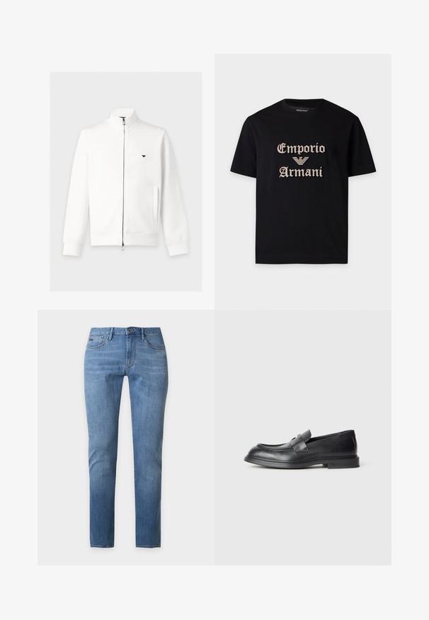 Veste blanche zippée à manches longues avec col montant, poches latérales, poignets côtelés et petit logo noir sur la poitrine gauche.; T-shirt noir à manches courtes avec texte beige "Emporio Armani" et logo d'aigle brodé au centre devant.; Jean slim bleu clair avec cinq poches et fermeture par bouton, présenté sur un fond gris uni.; Mocassins en cuir noir avec une finition texturée, dotés d'une bride décorative à l'avant et d'un bout arrondi. Semelle en caoutchouc pour plus de durabilité.