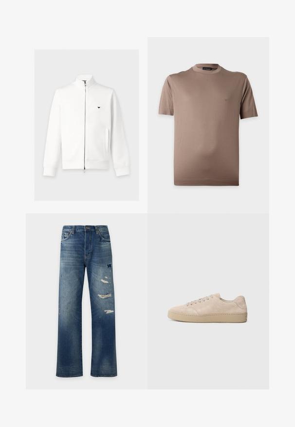 Veste blanche zippée à manches longues avec col montant, poches latérales, poignets côtelés et petit logo noir sur la poitrine gauche.; T-shirt marron à manches courtes avec col rond et petit logo sur la poitrine gauche, présenté sur fond blanc.; Jean en denim bleu coupe droite avec des zones délavées et plusieurs patches usés sur l'avant des cuisses et des genoux.; Baskets en daim beige avec un bout rond, des lacets plats et une semelle en caoutchouc texturé. Design minimaliste avec des bords lisses et des coutures discrètes.