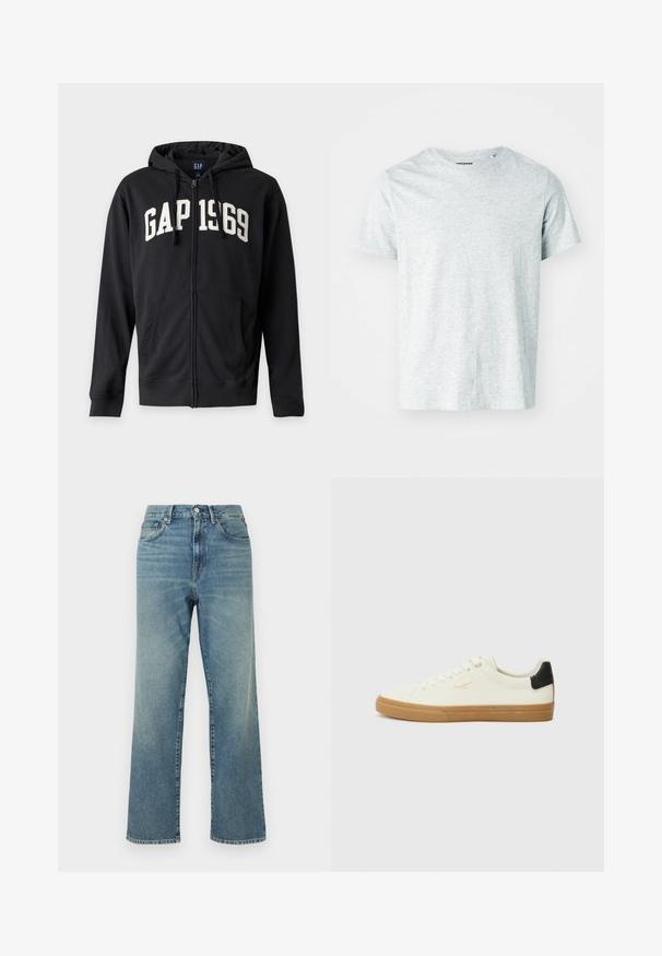Sweat à capuche zippé noir avec capuche et poches avant, avec des lettres blanches "GAP 1969" sur la poitrine.; T-shirt gris clair à manches courtes en tissu doux, avec un col rond et une coupe légèrement décontractée. Aucun motif ou graphique visible.; Jean en denim bleu taille haute avec une coupe droite, fermeture à boutons sur le devant, passants de ceinture et design cinq poches.; Sneaker en toile blanche avec une semelle en gomme, accent au talon noir, bout rond et design à lacets. Présente le logo de la marque en doré sur le côté.