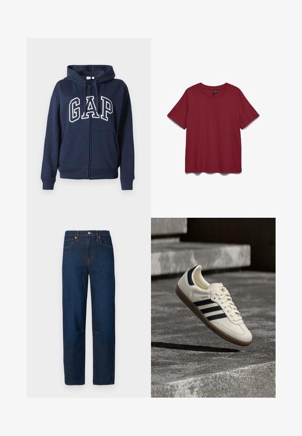 Hoodie zippé bleu marine, fabriqué en tissu doux. Dispose d'une poche kangourou à l'avant et du logo "GAP" en lettres blanches sur la poitrine.; T-shirt à manches courtes, col rond, uni de couleur rouge foncé, présenté à plat sur fond blanc.; Jean en denim bleu foncé, coupe droite, avec cinq poches et détails de surpiqûres contrastantes. Sans ornements.; Baskets blanches Adidas Samba avec des bandes noires et une semelle en gomme, flottant au-dessus de marches en béton gris texturé.