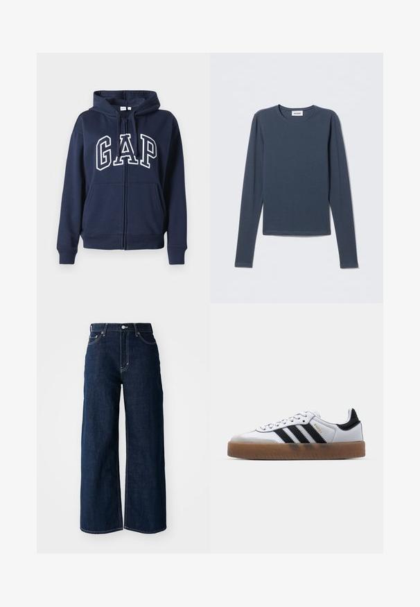 Marineblaues Zip-Hoodie aus weichem Material. Mit einer vorderen Kängurutasche und dem "GAP"-Logo in weißer Schrift über der Brust.; Langärmeliges Hemd in Navyblau, aus weicher Baumwolle. Verfügt über einen runden Ausschnitt und ein schlichtes, einfaches Design ohne Muster oder Verzierungen.; Weit geschnittene, dunkelblaue Jeans mit kontrastierenden Nähten, fünf Taschen und einem Knopfverschluss an der Taille.; Weiße Leder Sneakers mit schwarzen Streifen, Gummigummi-Außensohle, runder Zehenform, Schnürverschluss und weichem grauem Wildleder-Zehenkappe.