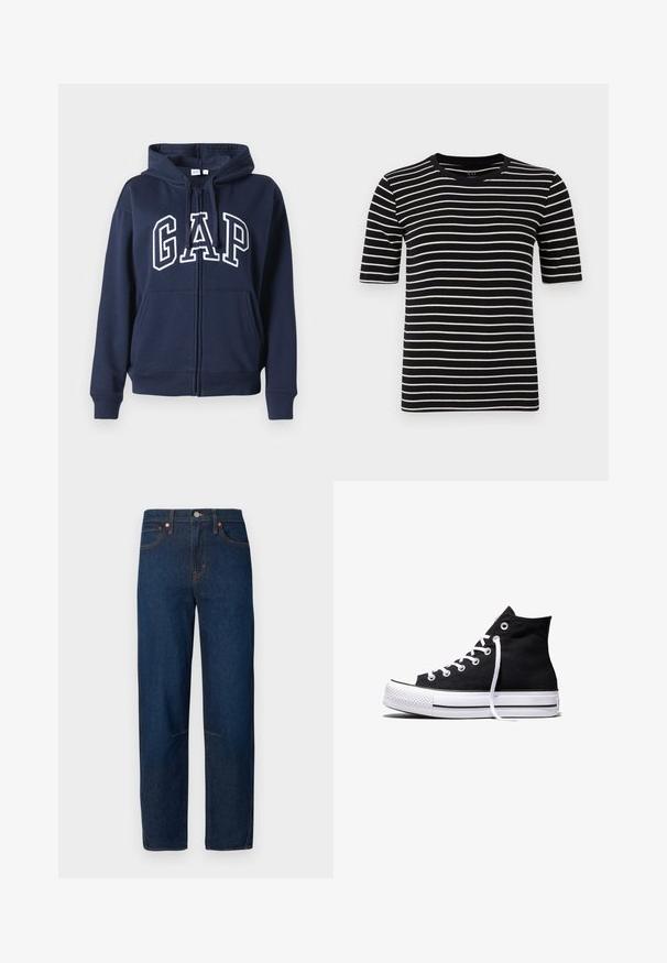 Mørkeblå lynlåshoodie lavet af blødt stof. Har en frontkangaroo-lomme og "GAP" logo i hvid skrift over brystet.; T-shirt med sorte og hvide striber, korte ærmer, rund hals, lavet af blødt bomuldsstrik, med jævne striber og en standard pasform.; Mørkeblå jeans lavet af denim, med en lige ben-snit, fem-lomme design og kontrastsyningsdetaljer. Ingen pynt.; Sort high-top canvas sneaker med hvid gummisål og hvide snørebånd, vist fra siden mod en hvid baggrund.