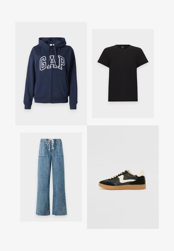 Hoodie zippé bleu marine, fabriqué en tissu doux. Dispose d'une poche kangourou à l'avant et du logo "GAP" en lettres blanches sur la poitrine.; T-shirt noir en coton à manches courtes avec col rond, vue de face, design uni, étiquette de la marque GAP à l'intérieur du col.; Pantalon en jean bleu clair à jambes larges avec taille élastique et cordon blanc, avec grandes poches plaquées à l'avant.; Baskets en daim et cuir noir avec un swoosh latéral crème et un talon crème clair. Dotées de lacets beige et d'une semelle en caoutchouc gomme.