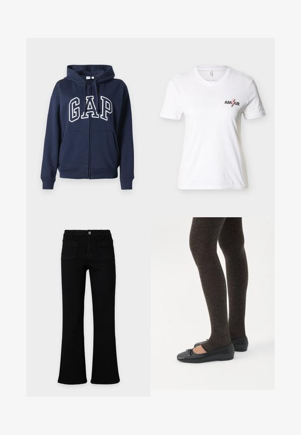 Mørkeblå lynlåshoodie lavet af blødt stof. Har en frontkangaroo-lomme og "GAP" logo i hvid skrift over brystet.; Hvid T-shirt med korte ærmer og rund hals med teksten "AMOUR" og en pink lyngrafik på venstre bryst.; Sort udsvingede jeans med forlommer, bæltestropper og knaplukning, vist på en enkel lys baggrund. Ingen synligt branding.; Ben iført mørke ribbede leggings kombineret med sorte balletsko med små sløjfedetaljer på hvid baggrund.
