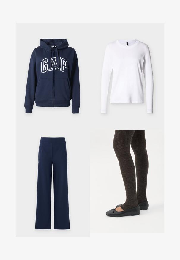 Mørkeblå lynlåshoodie lavet af blødt stof. Har en frontkangaroo-lomme og "GAP" logo i hvid skrift over brystet.; Hvid langærmet t-shirt med rund hals vist forfra mod en neutral baggrund med et sort tøjlabel i halskanten.; Marineblå brede bukser med elastisk talje, glat tekstur og to sidelommer, designet til komfort og bevægelsesfrihed.; Ben iført mørke ribbede leggings kombineret med sorte balletsko med små sløjfedetaljer på hvid baggrund.