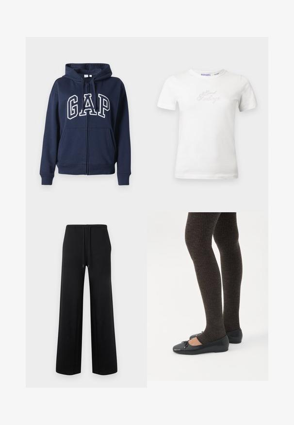 Sudadera con cremallera azul marino, hecha de tela suave. Cuenta con un bolsillo canguro en la parte frontal y el logo "GAP" en letras blancas en el pecho.; Camiseta blanca de algodón de manga corta, con un diseño de texto "Sentimientos Mixtos" que brilla en strass plateados en la parte frontal.; Pantalones negros de pierna ancha con cintura elástica y cordón, mostrados completamente extendidos sobre un fondo liso y claro.; Piernas con leggings oscuros acanalados combinados con bailarinas negras que presentan pequeños detalles de lazo sobre un fondo blanco.