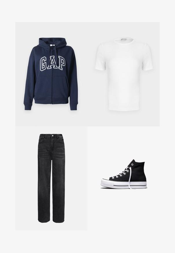Marineblauwe zip-up hoodie, gemaakt van zachte stof. Bevat een voorste kangoeroezak en het "GAP"-logo in witte letters op de borst.; Witte korte mouwen geribde T-shirt met een ronde hals, een aangesloten pasvorm en een klein merklabel aan de binnenkant van de kraag.; Zwarte denim wide-leg jeans met een hoge taille, vijf zakken en een sluiting met een knoop aan de voorkant. Gladde textuur met een lichte vervagingseffect.; Zwarte hooggesloten canvas sneaker met witte rubberen zool en witte veters, zijwaarts weergegeven op een witte achtergrond.