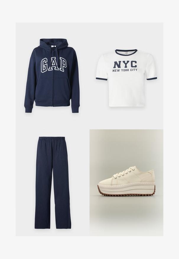 Marineblauwe zip-up hoodie, gemaakt van zachte stof. Bevat een voorste kangoeroezak en het "GAP"-logo in witte letters op de borst.; Witte t-shirt met korte mouwen en marineblauwe accenten bij de kraag en mouwen. Voorzien van vetgedrukte tekst: "NYC NEW YORK CITY."; Marineblauwe wijde broek met een streeppatroon, voorzien van een elastische tailleband en een zachte textuur.; Crèmekleurige platformsneaker met dikke witte zool en bruin zigzagprofiel, vetersluiting en bovenwerk van canvas.