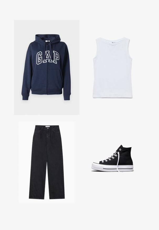 Marineblaues Zip-Hoodie aus weichem Material. Mit einer vorderen Kängurutasche und dem "GAP"-Logo in weißer Schrift über der Brust.; Ärmelloses weißes Baumwolltop mit weitem Rundhalsausschnitt und geradem Saum, flach auf weißem Hintergrund gezeigt.; Schwarze hoch geschnittene, weit geschnittene Jeans aus Denim mit Vorderknopf- und Reißverschluss, Gürtelschlaufen und fünf Taschen.; Schwarzer High-Top-Canvas-Sneaker mit weißer Gummisohle und weißen Schnürsenkeln, seitlich dargestellt vor weißem Hintergrund.