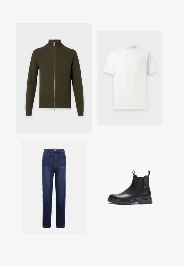 Sudadera verde oliva con cremallera y cuello alto, texturizada con relieve y de mangas largas. Presenta una cremallera plateada y puños y dobladillo ajustados.; Camiseta blanca lisa de manga corta y cuello redondo mostrada sobre un fondo gris claro.; Vaqueros de mezclilla en azul oscuro, con un diseño de pierna recta, cinco bolsillos, cierre de botón y sutiles detalles de costura horizontal.; Botas Chelsea de cuero negro con acabado texturizado, paneles laterales elásticos y tiradores. Presenta una suela de goma gruesa con relieve.