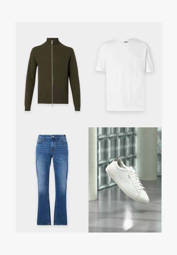 Oliven grøn zip-up sweater med høj krave, ribbet tekstur og lange ærmer. Har en sølv lynlås samt tætsiddende manchetter og bund.; Hvid bomulds T-shirt med rund hals, korte ærmer og oprevet manchetter; enkel design, blød tekstur og lige snit.; Mellemblå denim flared jeans. Har fem lommer, syede detaljer, knaplukning og en let falmet tekstur på benene.; Hvid læder lav-top sneaker med snørebånd, sort hælflig og "BOSS"-logo, svævende indendørs nær glasblok væg og poleret gulv.