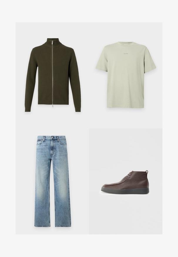Oliven grøn zip-up sweater med høj krave, ribbet tekstur og lange ærmer. Har en sølv lynlås samt tætsiddende manchetter og bund.; Lys grøn bomulds t-shirt med rund hals, korte ærmer og et lille Calvin Klein-logo i en mørkere nuance trykt på brystet.; Lyseblå denim jeans med lige ben, højt talje, fem lommer, knaplukning og diskrete falmede områder på lår og knæ.; Brune læder ankelstøvler med en tekstureret overflade, blød afrundet tå og grå gummisål, med to øjer til snørebånd.