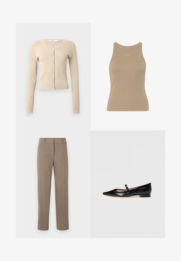 Beige ribbet cardigan med lange ærmer og V-hals. Har seks knaplukninger foran og en tætsiddende silhuet. Blød tekstur.; Beige ribbet t-shirt med rund halsudskæring, ærmeløs design og et lille præget logo midt foran. Blød stoftekstur.; Klassiske kaki bukser med lige ben, bæltestropper og lynlås foran på hvid baggrund.; Sorte patenterede læder Mary Jane flade sko med spids tå, én rem og lav hæl på ensfarvet baggrund.