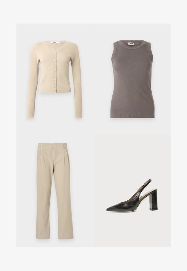 Beige ribbet cardigan med lange ærmer og V-hals. Har seks knaplukninger foran og en tætsiddende silhuet. Blød tekstur.; Grå ribbede tanktop med rund halsudskæring og ærmeløs design, lavet af et blødt, tekstureret stof. Enkel, tætsiddende silhuet.; Beige brede benbukser lavet af bomuldsblanding; har folder foran, lige snit og bælteløkker. Glat tekstur, ingen mønstre.; Sort læder peep-toe slingback sko med høj blokhæl og beige indvendig foring mod en ensfarvet lys baggrund.