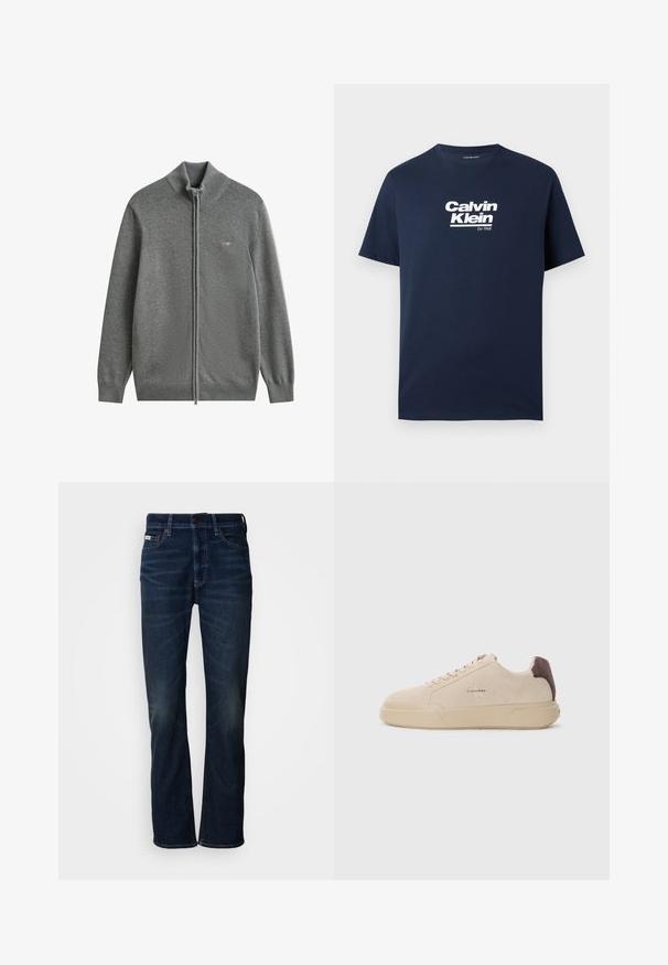 Grauer Strickpullover mit durchgehendem Reißverschluss, geripptem Kragen, Bündchen und Saum, mit einem kleinen gestickten Logo auf der linken Brustseite.; Marineblaues T-Shirt mit kurzen Ärmeln und weißem "Calvin Klein Est. 1968" Logo mittig auf der Brust, Rundhalsausschnitt.; Dunkelblaue Denim-Jeans mit geradem Bein, die dezente Ausbleichungen, einen Knopfverschluss und den klassischen Fünf-Taschen-Stil aufweisen.; Beige Wildleder-Sneaker mit runder Spitze, Schnürung vorne und einem braunen Wildlederakzent an der Ferse. Verfügt über eine strukturierte Gummisohle.