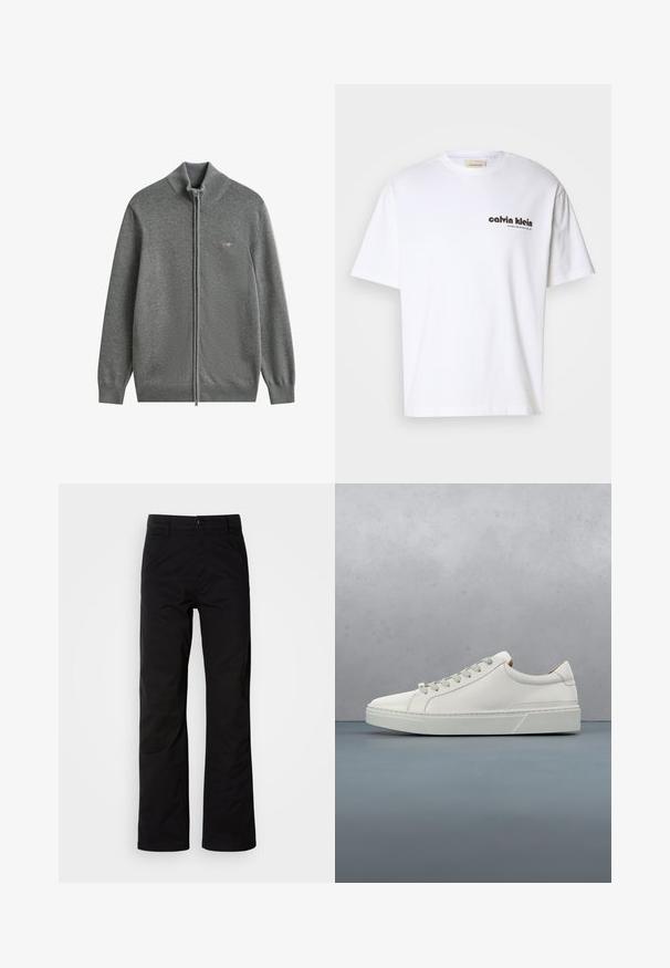 Grauer Strickpullover mit durchgehendem Reißverschluss, geripptem Kragen, Bündchen und Saum, mit einem kleinen gestickten Logo auf der linken Brustseite.; Weißes Baumwoll-T-Shirt mit kurzen Ärmeln, mit schwarzem "Calvin Klein"-Textlogo und einem quadratischen Etikett in der Nähe des Ausschnitts. Schlichtes Design.; Schwarze Baumwollhosen mit geradem Bein, ausgestattet mit einem Knopfverschluss und Gürtelschlaufen. Glatte Textur und minimalistischer Stil ohne sichtbare Muster.; Weißes Leder-Sneaker mit abgerundetem Zehenbereich, minimalistisches Design, graue Schnürsenkel und einer strukturierten grauen Gummisohle. Dezente Nähte sichtbar.