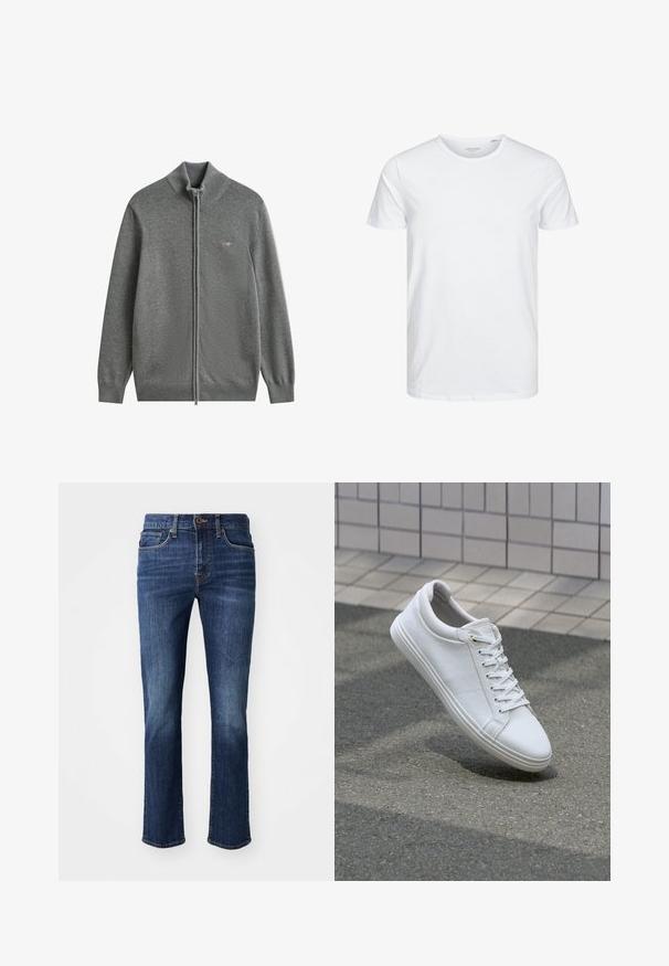 Grauer Strickpullover mit durchgehendem Reißverschluss, geripptem Kragen, Bündchen und Saum, mit einem kleinen gestickten Logo auf der linken Brustseite.; Rundhals-T-Shirt mit kurzen Ärmeln in reinem Weiß, aus weicher Baumwolle, mit einem schlichten Design ohne sichtbare Muster oder Akzente.; Dunkelblaue Jeans mit geradem Bein. Merkmale sind ein Reißverschluss, Fronttaschen und dezente Verfärbungen an den Oberschenkeln. Aus Jeansstoff gefertigt.; Weiße Sneakers mit einem strukturierten Lederobermaterial, flachen Schnürsenkeln und einer glatten Gummisohle. Leicht abgerundete Zehenpartie und minimalistisches Design.