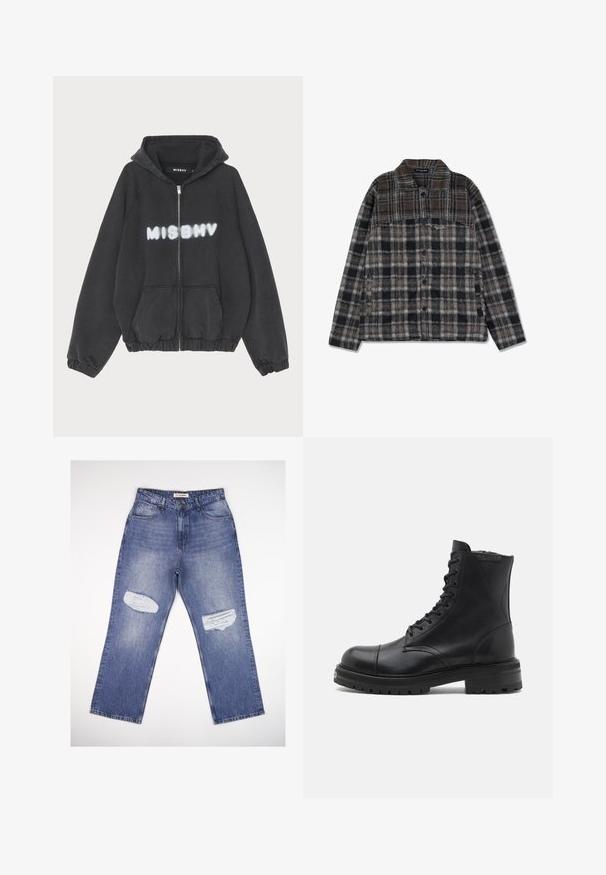 Hoodie noir avec zip sur le devant, poignets et ourlet côtelés. Présente "MISBHV" imprimé en lettres blanches de style graffiti sur la poitrine.; Veste chemise en flanelle à carreaux mettant en avant des tons terreux de brun, noir et gris, avec une fermeture à boutons, deux poches latérales et une texture douce.; Jean en denim bleu clair avec une taille haute, une coupe droite et deux patchs usés à l'avant. Design classique à cinq poches.; AllSaints HANK - Bottines à lacets - black