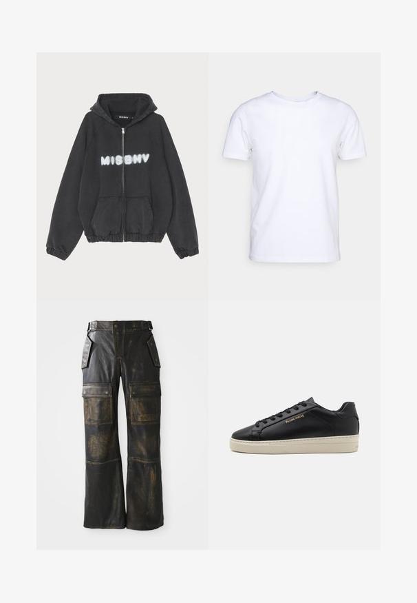 Hoodie noir avec zip sur le devant, poignets et ourlet côtelés. Présente "MISBHV" imprimé en lettres blanches de style graffiti sur la poitrine.; T-shirt blanc à manches courtes en tissu de coton avec un col rond. Design simple sans motifs ni accents. Texture lisse.; Pantalon cargo en cuir noir avec une texture usée, doté de grandes poches latérales, d'une taille haute et de coutures contrastées le long des coutures.; Sneaker en cuir noir avec une finition lisse, semelle crème contrastante, bout arrondi, logo doré sur le côté et six œillets pour les lacets.