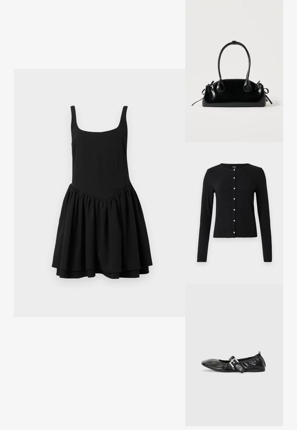 Cardigan noir à manches longues en tissu doux. Il présente un col rond et une fermeture boutonnée à l'avant avec des boutons brillants et décoratifs.; Robe noire sans manches avec une encolure carrée, un corsage ajusté et une jupe évasée froncée ; texture lisse et couleur unie.; Chaussure plate en cuir noir avec un nez pointu, des détails froncés autour de l'ouverture et un accent en boucle argentée sur la bride ajustable.; Petit sac à main noir brillant avec deux longues anses et des détails à cordon sur les côtés sur un fond clair uni.