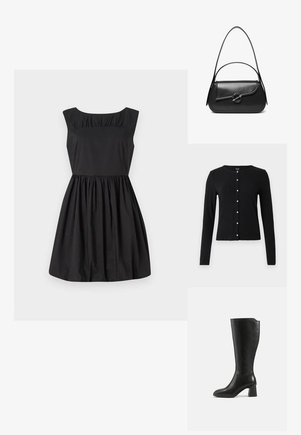 Cardigan noir à manches longues en tissu doux. Il présente un col rond et une fermeture boutonnée à l'avant avec des boutons brillants et décoratifs.; Robe noire sans manches avec un col rond, des détails froncés au niveau du buste et une jupe évasée. Fabriquée dans un tissu lisse.; Botte en cuir noire montant jusqu’au genou avec un talon bloc et un bout arrondi, vue de profil sur un fond uni.; Sac à bandoulière en cuir noir avec un rabat incurvé fermé par un fermoir métallique rond et une sangle fine et ajustable.