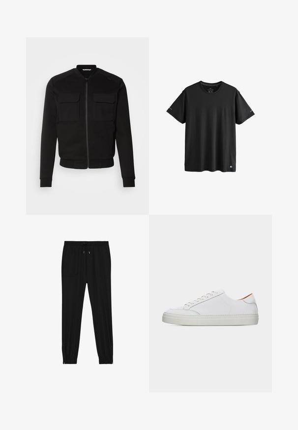 Sort bomberjakke lavet af blødt stof har lynlås foran, to brystlommer, ribbede manchetter og en cropped længde. Glat tekstur og tætsiddende design.; Sort aktivtøj T-shirt med korte ærmer og rund hals, med diskrete logoer på ærmerne og nederste kant, størrelse medium.; Sorte jogger bukser lavet af blødt stof. Har elastisk talje med snøre, to forlommer og lynlåse ved anklerne for nem påtagning.; Hvid lavtop lædersneaker med snørelukning, tyk sål og minimal syningsdetalje på en ensartet lys baggrund.