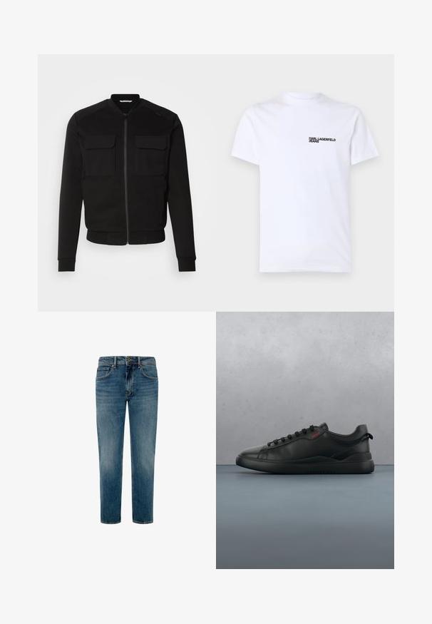 Sort bomberjakke lavet af blødt stof har lynlås foran, to brystlommer, ribbede manchetter og en cropped længde. Glat tekstur og tætsiddende design.; Hvid bomulds t-shirt med korte ærmer, en rund halsudskæring og et sort "KARL LAGERFELD JEANS" logo på venstre brystområde.; Lysblå denim jeans med lige ben, standard fem lomme design og minimal falmning i hele stoffet.; HUGO BLAKE - Sneakers - black