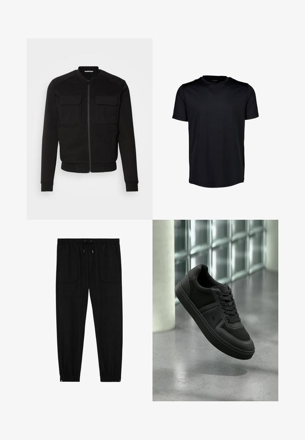 Sort bomberjakke lavet af blødt stof har lynlås foran, to brystlommer, ribbede manchetter og en cropped længde. Glat tekstur og tætsiddende design.; Sort kortærmet t-shirt lavet af glat, let stof. Har en rund halsudskæring og en afslappet pasform. Ingen synlige logoer eller mønstre.; Sorte joggingbukser med elastik i taljen, snøre, forlommer med lapper og elastiske manchetter på hvid baggrund.; Sort lavtop-sneaker med teksturerede paneler, snørebånd og "ck"-logo på siden, svævende over en poleret beton-gulv nær glasblokke.