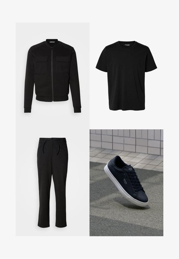 Sort bomberjakke lavet af blødt stof har lynlås foran, to brystlommer, ribbede manchetter og en cropped længde. Glat tekstur og tætsiddende design.; Ensfarvet sort t-shirt med korte ærmer og rund hals, herrepasform, uden synlige mønstre eller logoer foran.; Sorte strikbukser med snoreliv, lige ben og sidelommer. Blød tekstur med en glat overflade.; Sort lædersneaker med en glat overflade, hvid gummisål og tonale snørebånd. Har mærkeaccentuer på tungen og siden.