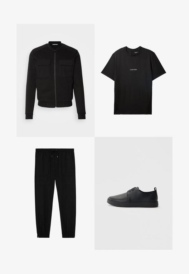 Zwarte bomberjack van zacht materiaal, met een rits aan de voorkant, twee borstzakken, ribgebreide manchetten en een cropped zoom. Soepele textuur en getailleerd ontwerp.; Zwart Calvin Klein T-shirt met korte mouwen, ronde hals en klein wit Calvin Klein-logo in het midden van de borst.; Zwarte joggingbroek met elastische tailleband, koordsluiting, voorzakken met opgestikte zakken en elastische boorden, op een witte achtergrond.; Zwarte leren sneaker met een gladde afwerking, ronde neus, tonale stiknaden, vetersluiting aan de voorkant en een vlakke rubberen zool. Lussje aan de hak.
