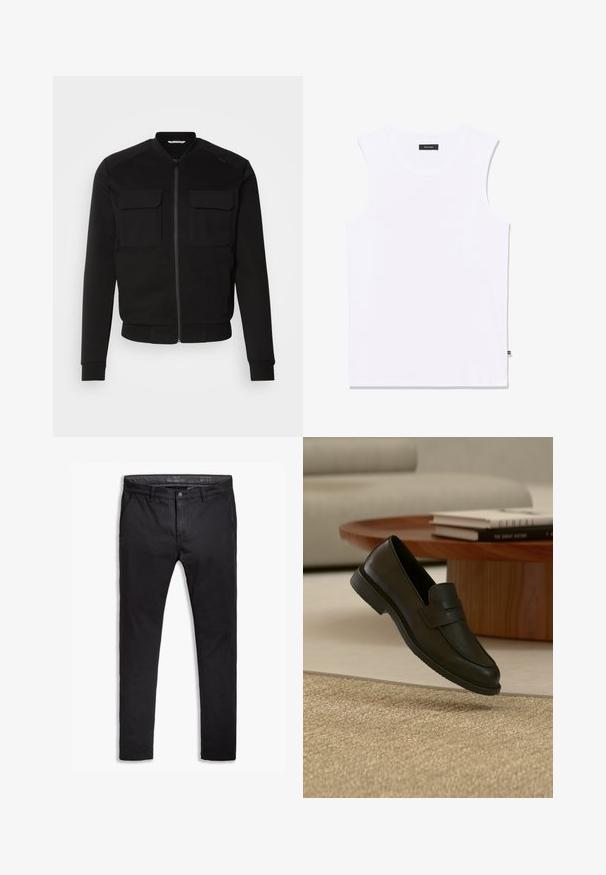 Sort bomberjakke lavet af blødt stof har lynlås foran, to brystlommer, ribbede manchetter og en cropped længde. Glat tekstur og tætsiddende design.; Hvid ærmeløs tanktop med rund hals, med et lille sort mærke ved kraven og en lille sort sideetiket ved kanten.; Sorte bomulds-chinos med tapered fit, der har fem lommer, bæltestropper og en glat texure. Lynlås med knaplukning.; Sort læderloafer vist i luften over en beige vævet tæppe, med et træbord og stablede bøger i et blødt oplyst stue.