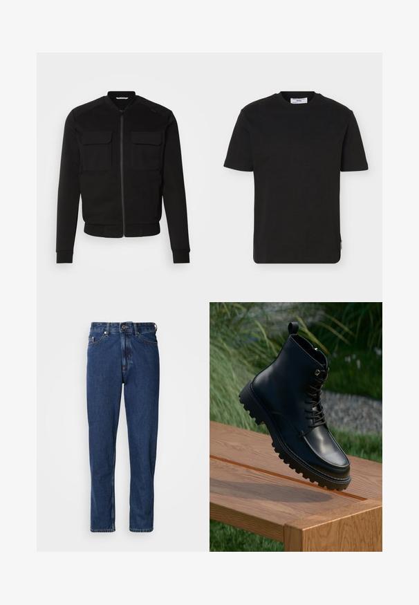 Zwarte bomberjack van zacht materiaal, met een rits aan de voorkant, twee borstzakken, ribgebreide manchetten en een cropped zoom. Soepele textuur en getailleerd ontwerp.; Effen zwart T-shirt met korte mouwen en ronde hals, met een klein merkembleem op de onderkant aan de zijkant.; Donkerblauwe spijkerbroek gemaakt van denim, met een rechte pijp, vijfzakkenontwerp en zichtbare stiksels langs de naden.; Zwarte leren enkelboot met een gladde afwerking, vetersluiting aan de voorkant, dikke grof profielzool en een treklipje. Geplaatst boven een houten oppervlak.