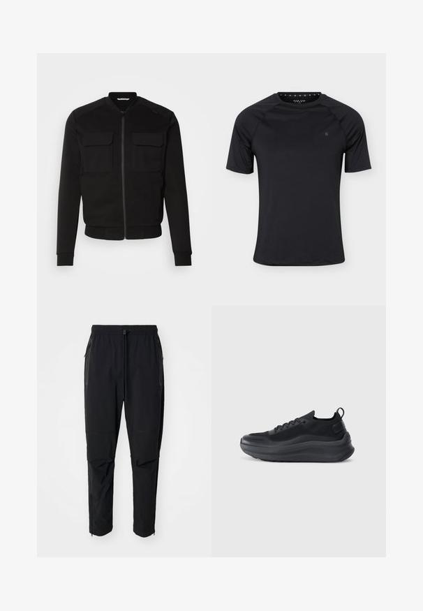 Sort bomberjakke lavet af blødt stof har lynlås foran, to brystlommer, ribbede manchetter og en cropped længde. Glat tekstur og tætsiddende design.; Sort sport T-shirt med korte ærmer og rund halsudskæring med lille logo på venstre bryst, vist på ensartet lyst baggrund.; Sort, lette udendørsbukser med elastisk talje og justerbar snoretræk. Har lynlåslommer og tapered manchetter.; Sort sportsko med mesh-overdel, teksturerede detaljer og en tyk gummisål. Har en løkke ved hælen og snørebåndsdesign.