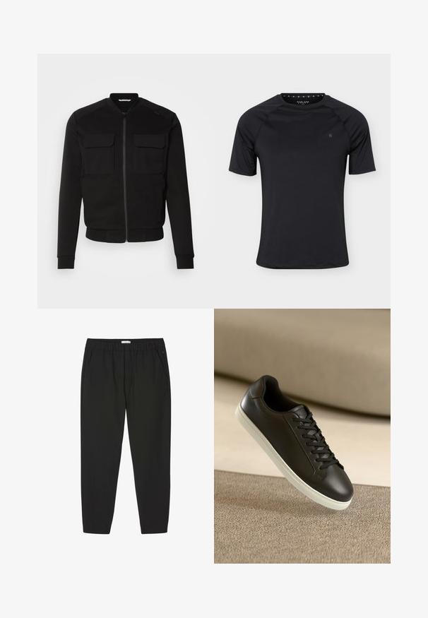 Blouson noir en matériau doux, doté d'une fermeture éclair à l'avant, de deux poches poitrine, de poignets côtelés et d'un ourlet court. Texture lisse et design ajusté.; T-shirt de sport noir à manches courtes avec col rond et petit logo sur la poitrine gauche, présenté sur un fond clair uni.; Pantalon noir avec taille élastique, jambes droites et poches latérales, conçu pour un usage décontracté ou professionnel.; Baskets en cuir noir avec une semelle en caoutchouc blanc et des lacets noirs, posées sur une surface et un fond en tissu beige.