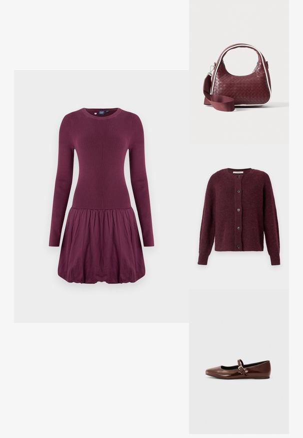 Cárdigan color mermelada hecho de tejido de punto texturizado, con cuello redondo, mangas largas y cinco botones negros en el frente.; Vestido morado con cuerpo acanalado, mangas largas y falda fruncida. La tela parece suave y de textura ligera.; Bailarina de charol marrón con punta cuadrada y tira que presenta una pequeña hebilla dorada. Textura suave, tacón bajo y diseño minimalista.; Bolso de mano de cuero tejido color granate con asa curva, ribete blanco, cremallera plateada y correa desmontable de tela ancha para el hombro sobre fondo liso.