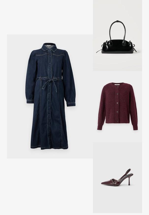 Cardigan couleur marmelade en tissu tricoté texturé, avec un col rond, des manches longues et cinq boutons noirs sur le devant.; Robe en denim bleu foncé avec un col, des boutons à l'avant, de longues manches bouffantes et une ceinture nouée à la taille. Comprend des détails de couture.; Escarpin slingback en cuir verni bordeaux avec bout pointu, fine bride à la cheville et petit détail décoratif de boucle. Texture lisse et talon haut.; Petit sac à main noir brillant avec deux longues anses et des détails à cordon sur les côtés sur un fond clair uni.