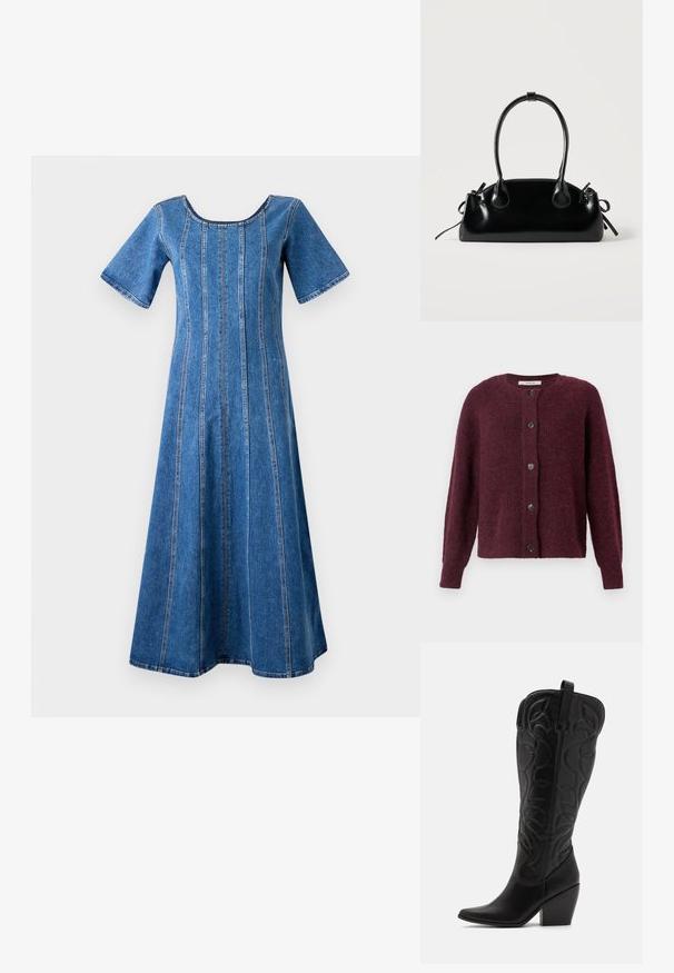 Cardigan couleur marmelade en tissu tricoté texturé, avec un col rond, des manches longues et cinq boutons noirs sur le devant.; Object Midi Denim - Robe de jour - medium blue denim; Bottes hautes en cuir noir jusqu'aux genoux avec bout pointu et talon empilé. Caractéristiques de coutures décoratives et éléments de design courbés.; Petit sac à main noir brillant avec deux longues anses et des détails à cordon sur les côtés sur un fond clair uni.