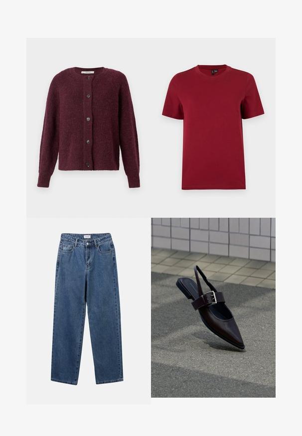Marmeladefarvet cardigan lavet af struktureret strikket stof, med rund hals, lange ærmer og fem sorte knapper ned foran.; Simples t-shirt med korte ærmer og rund hals i ensartet mørkerød farve, vist fladt mod en lys baggrund.; Klassiske blå denimbukser med lige ben, fem lommer og knaplukning. Har en medium vask og en robust tekstur.; Mørkebrune flade slingback-sko med spids tå, bred rem og stor sølvspænde på asfalt nær flisebelagt væg.