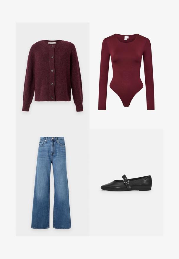 Cardigan couleur marmelade en tissu tricoté texturé, avec un col rond, des manches longues et cinq boutons noirs sur le devant.; Body bordeaux à manches longues en tissu lisse et extensible ; il possède un col rond et un bas en thong avec une fermeture à pression.; Jean large à taille haute bleu avec fermeture à bouton et à zip, poches avant et décoloration subtile sur le tissu.; Chaussure plate en cuir noir avec un bout arrondi, une seule sangle réglable à boucle et une texture lisse et brillante. Design minimaliste avec un petit talon.