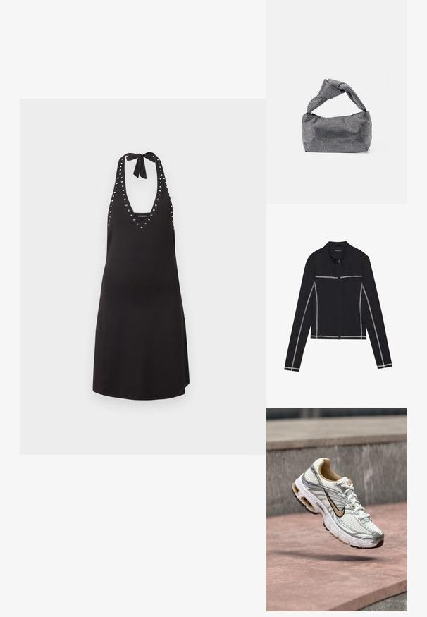 Even&Odd by Zalando Φούτερ με φερμουάρ - black; Μαύρο φόρεμα με λαιμόκοψη halter και ασημένια τρύπα διακοσμητική λεπτομέρεια κατά μήκος του ντεκολτέ και των πλαϊνών, δεμένο στον λαιμό με φιόγκο.; Λευκό και ασημένιο παπούτσι για τρέξιμο Nike με μπεζ λογότυπο Swoosh, εμφανίζεται στον αέρα πάνω από μια πέτρινη επιφάνεια με θολό γκρι τοίχο στο φόντο.; Μαύρη και ασημένια τσάντα χειρός με υφασμάτινη επιφάνεια που διαθέτει διαμαντένιο σχέδιο, κόμπο στη λαβή και δομημένο σχήμα.